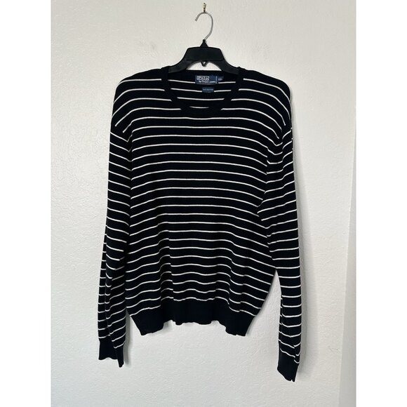 Polo by Ralph Lauren Sweater Mens  XXL Black White Striped Crewneck Pima Cotton - Picture 1 of 4